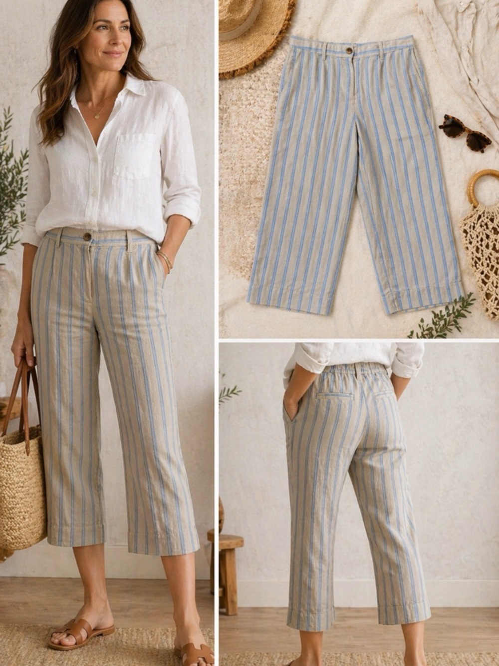 JJill Love Linen Crop Pants Petite S Blue Stripe Coastal Summer Relaxed